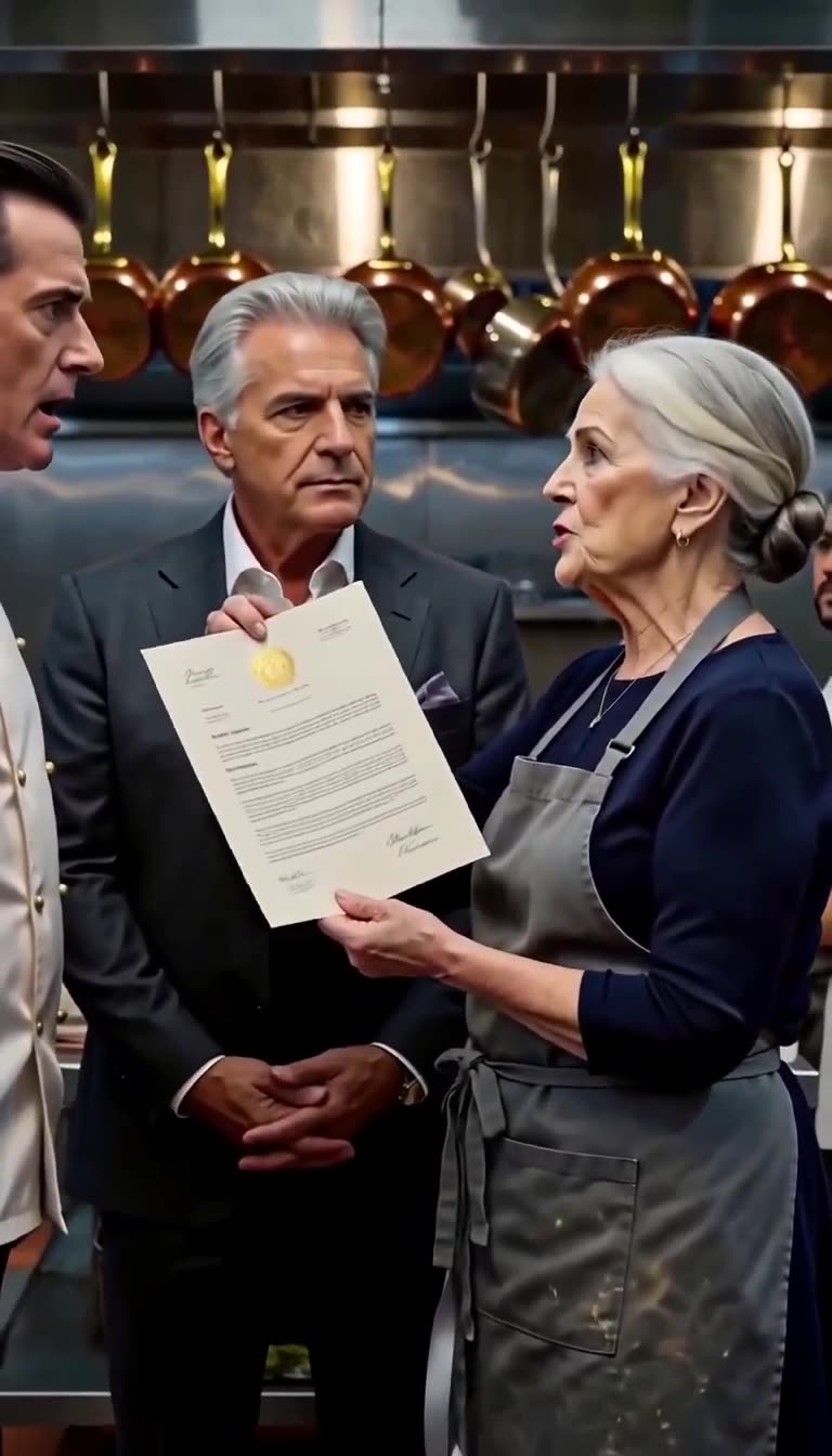The elderly prep cook reveals a gold-sealed deed and master recipe charter to the shocked head chef