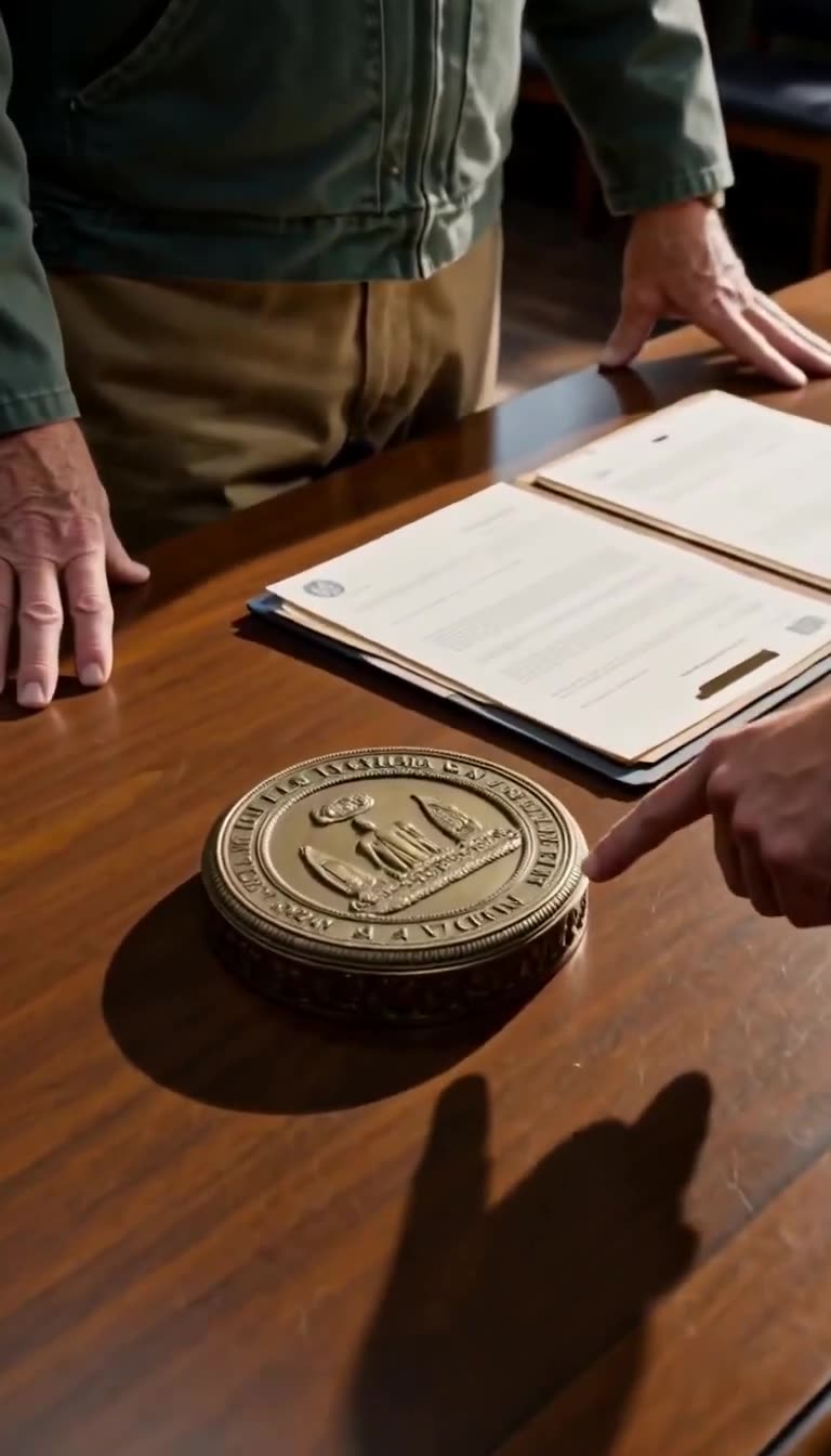 A close-up of Julian pointing at the historic brass seal placed on the boardroom counter.