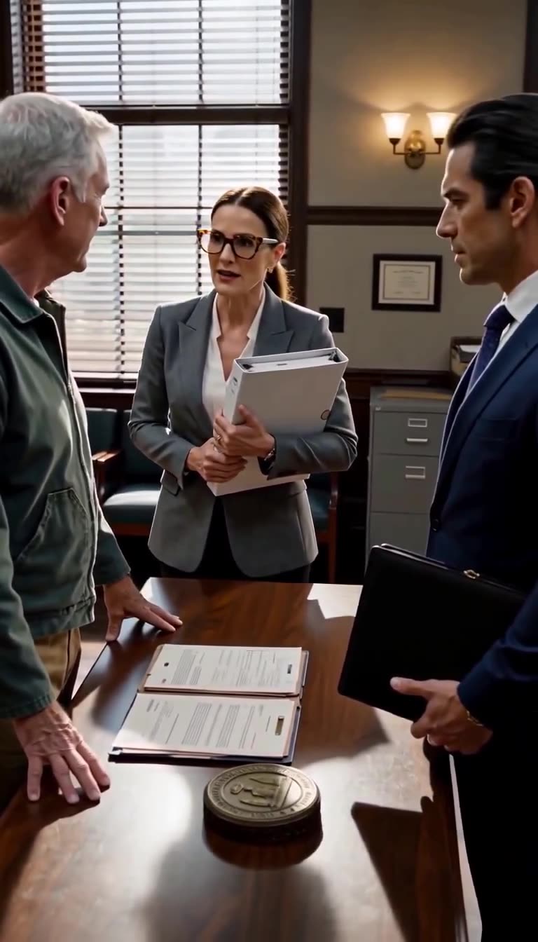 Evelyn Cross intercedes firmly at the desk as Julian Sterling freezes in shock after learning Arthur's true identity.