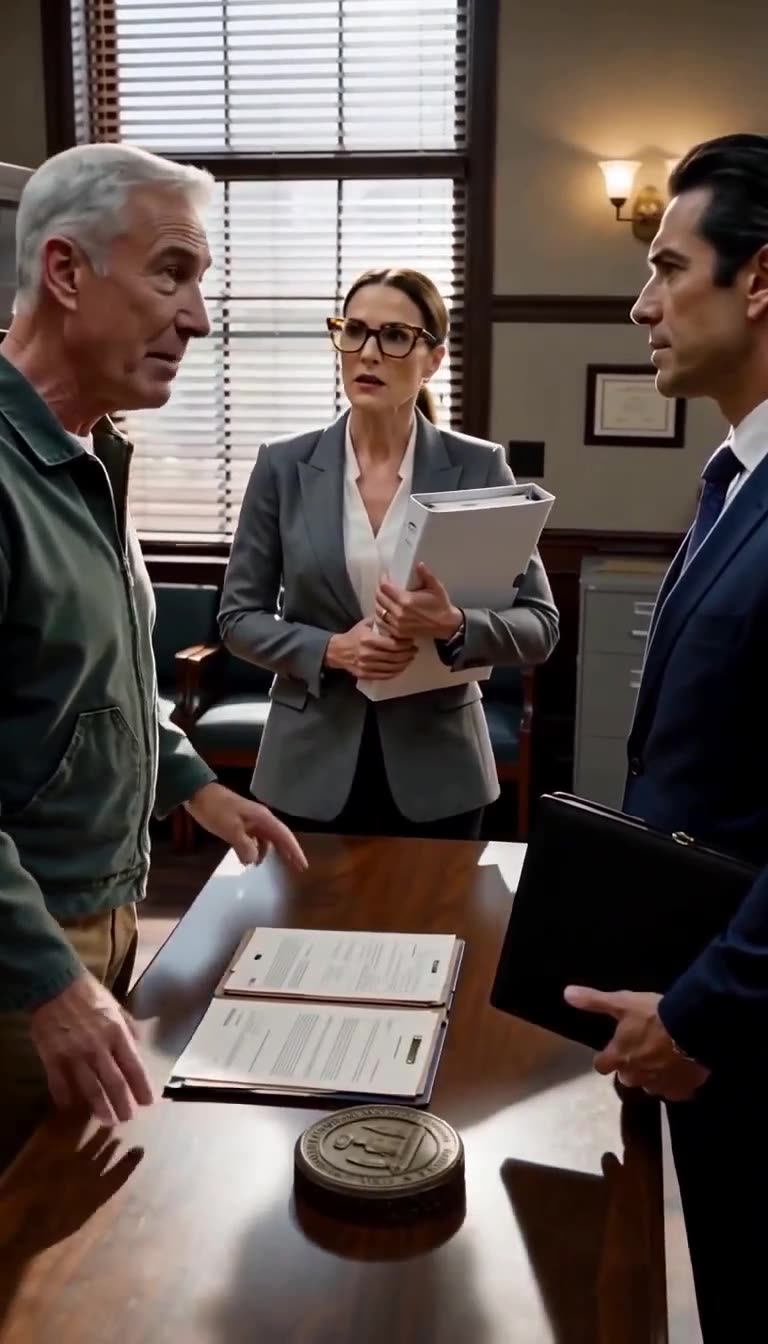 Director and female corporate advisor confront the elderly worker across contract papers