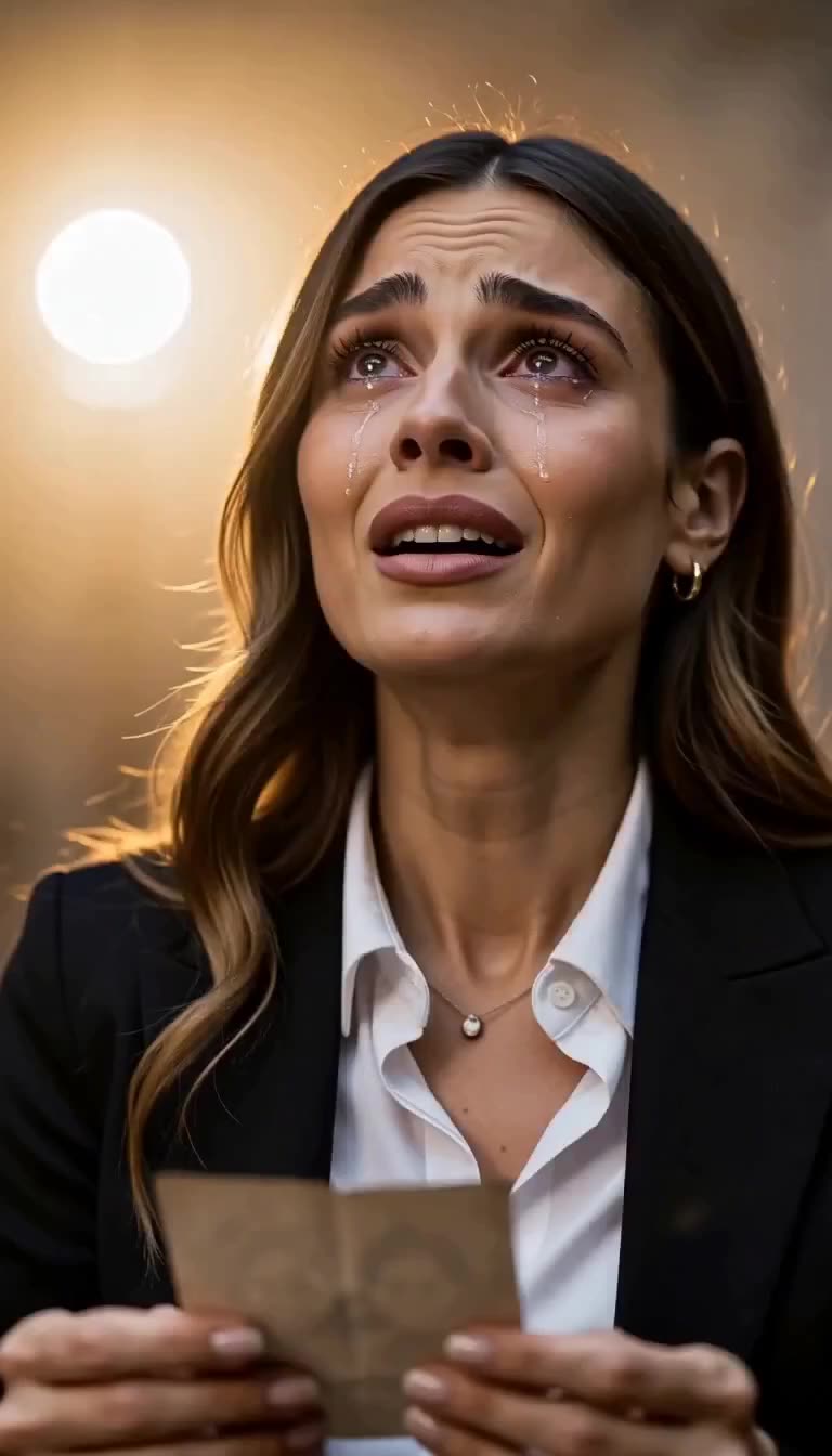 The businesswoman looks toward the sky in tears while holding a small keepsake.