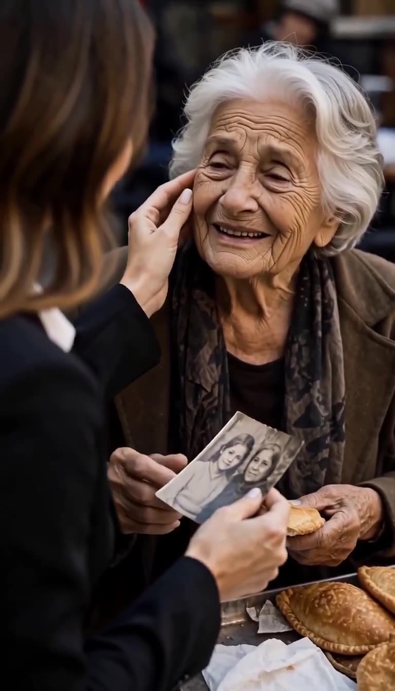 The businesswoman tenderly caresses the elderly vendor's face while displaying an old family photograph.
