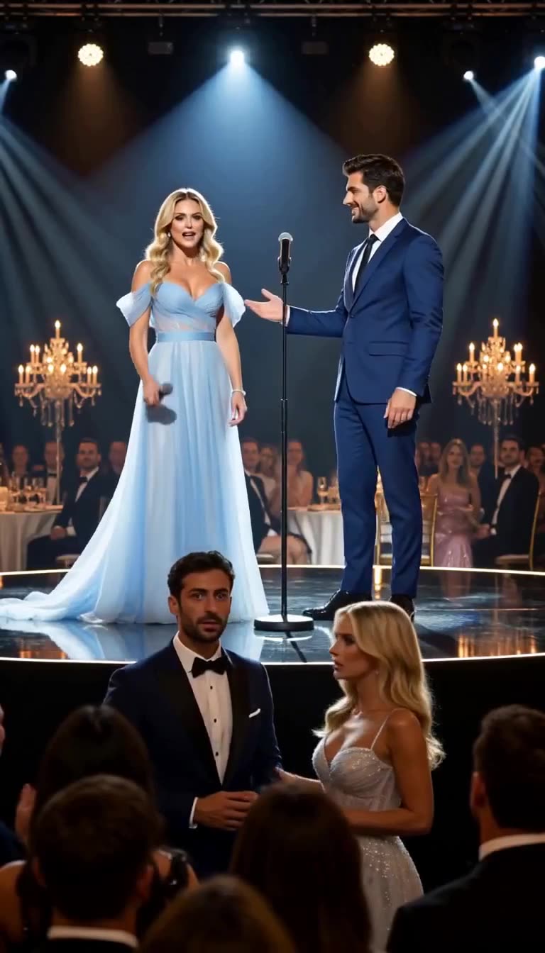 Elena stepping onto the illuminated stage in a blue gown as Julian watches in shock.