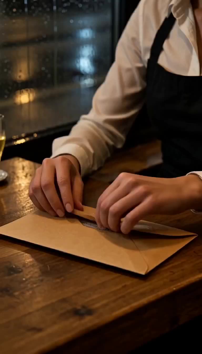Hands of a waitress carefully opening a brown kraft envelope on a wooden table