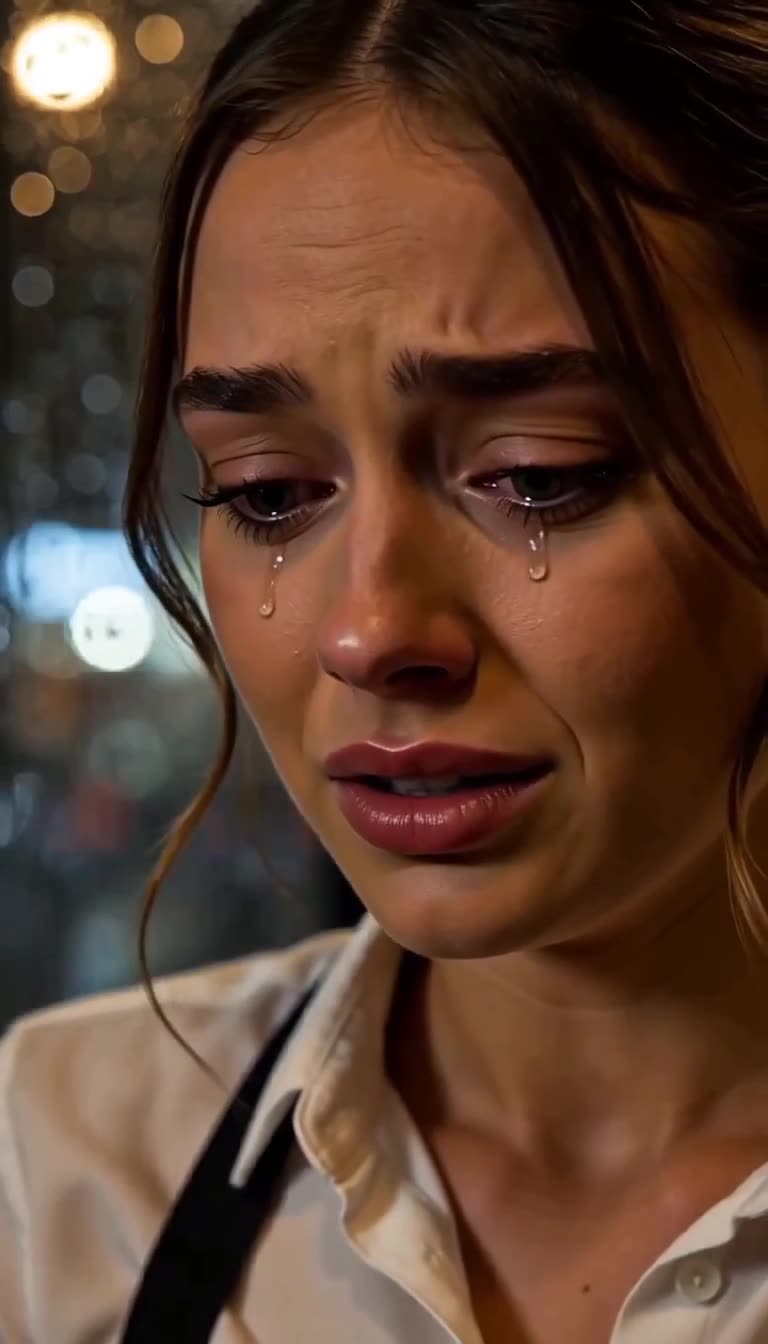 Close-up of a young waitress crying emotional tears of disbelief