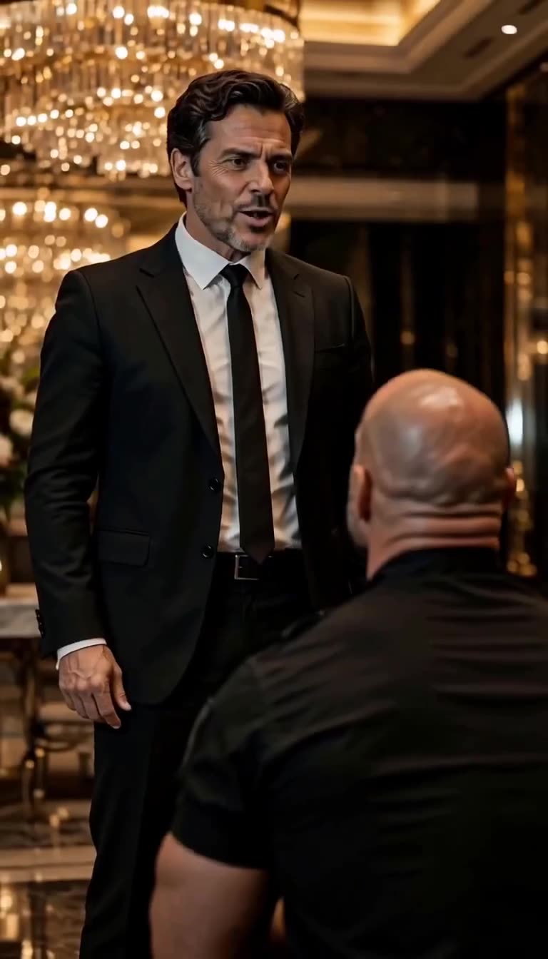 Suited executive sharply confronting a subdued security guard in the lobby