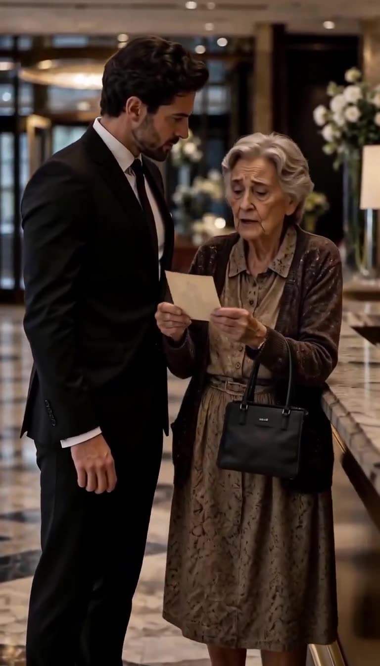 A businessman in a suit examining an old photograph handed to him by the elderly woman