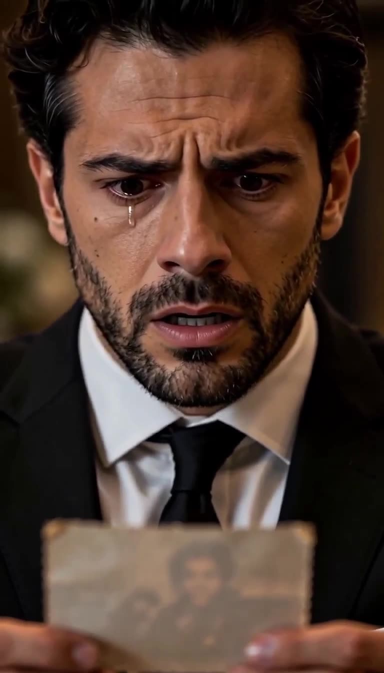 Close-up of the tearful businessman staring down in shock at the faded picture
