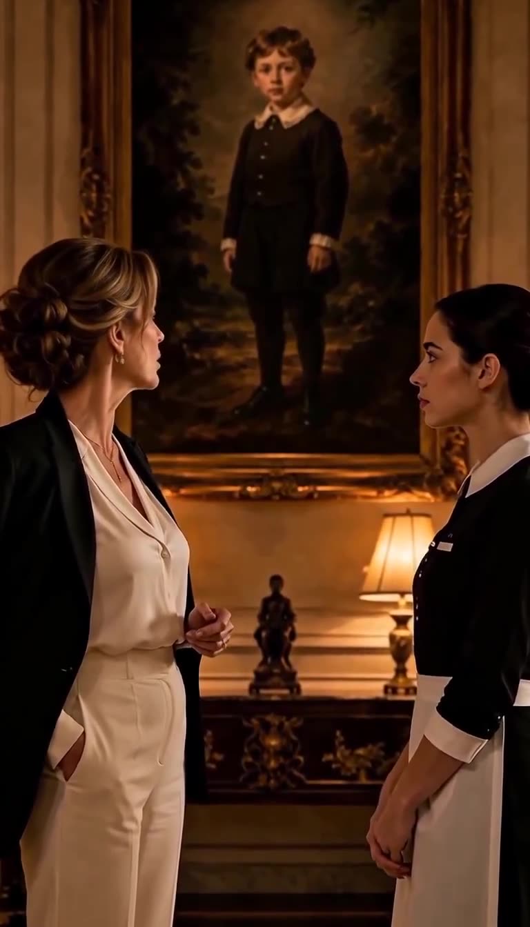 The two women exchange intense, unblinking stares beneath the grand portrait of the boy.