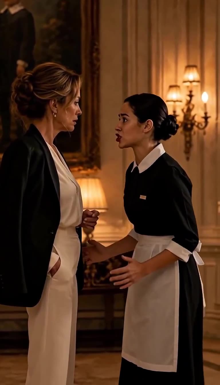 The housemaid speaks passionately with open hands as the estate matriarch listens in stunned silence.