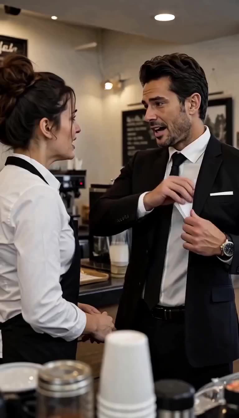 Man in a black suit pulls a white envelope from his jacket pocket while confronting the waitress