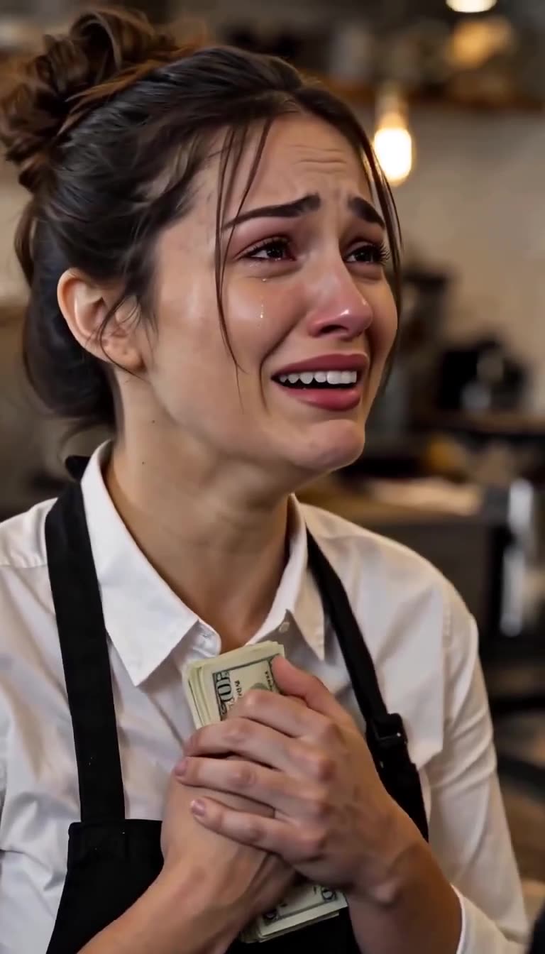 Young waitress weeping tears of joy while holding a thick stack of hundred dollar bills to her chest