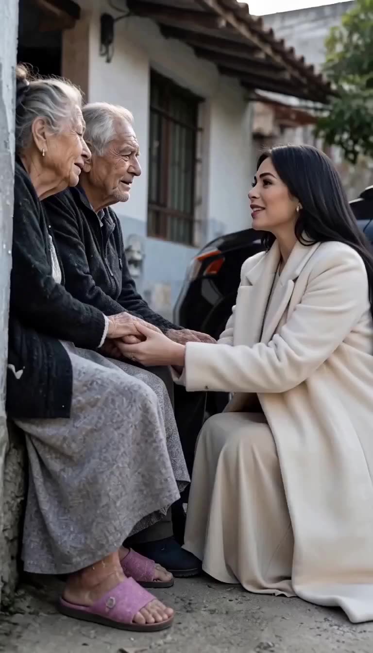 A well-dressed woman kneels down to comfort the elderly couple on the curb.