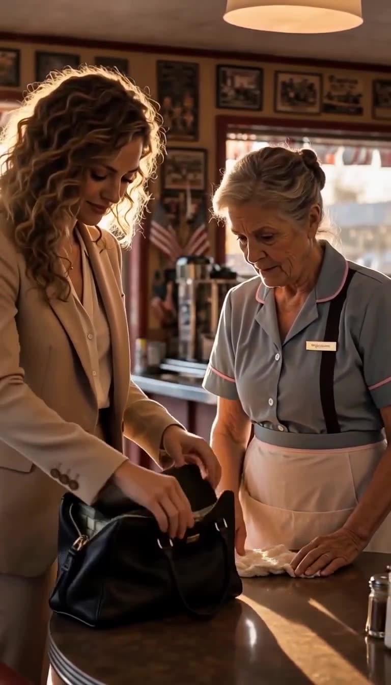 Well-dressed businesswoman opening her bag to show cash to the elderly diner waitress at the counter