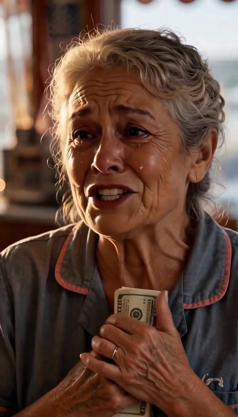 Elderly waitress crying emotional tears of joy while clutching a thick stack of money to her chest