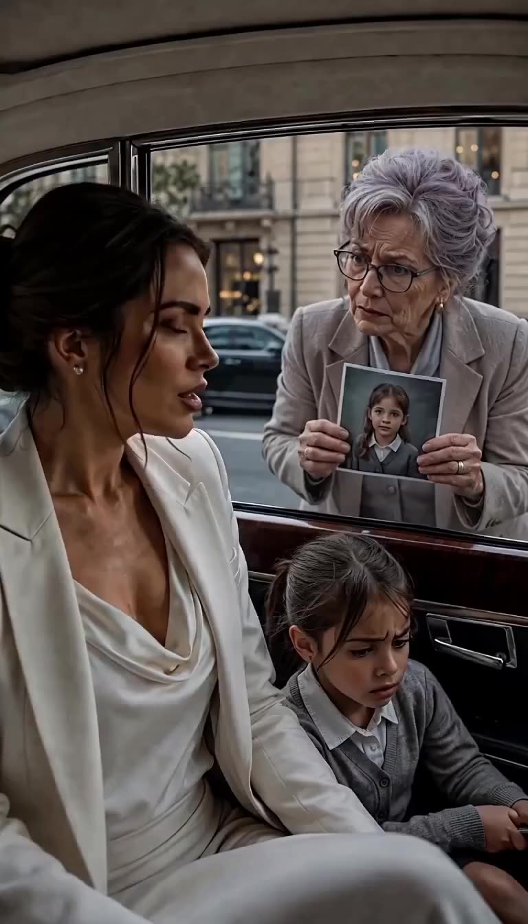 An elderly woman outside holds up a missing girl's photograph against the car window while the child hides inside.