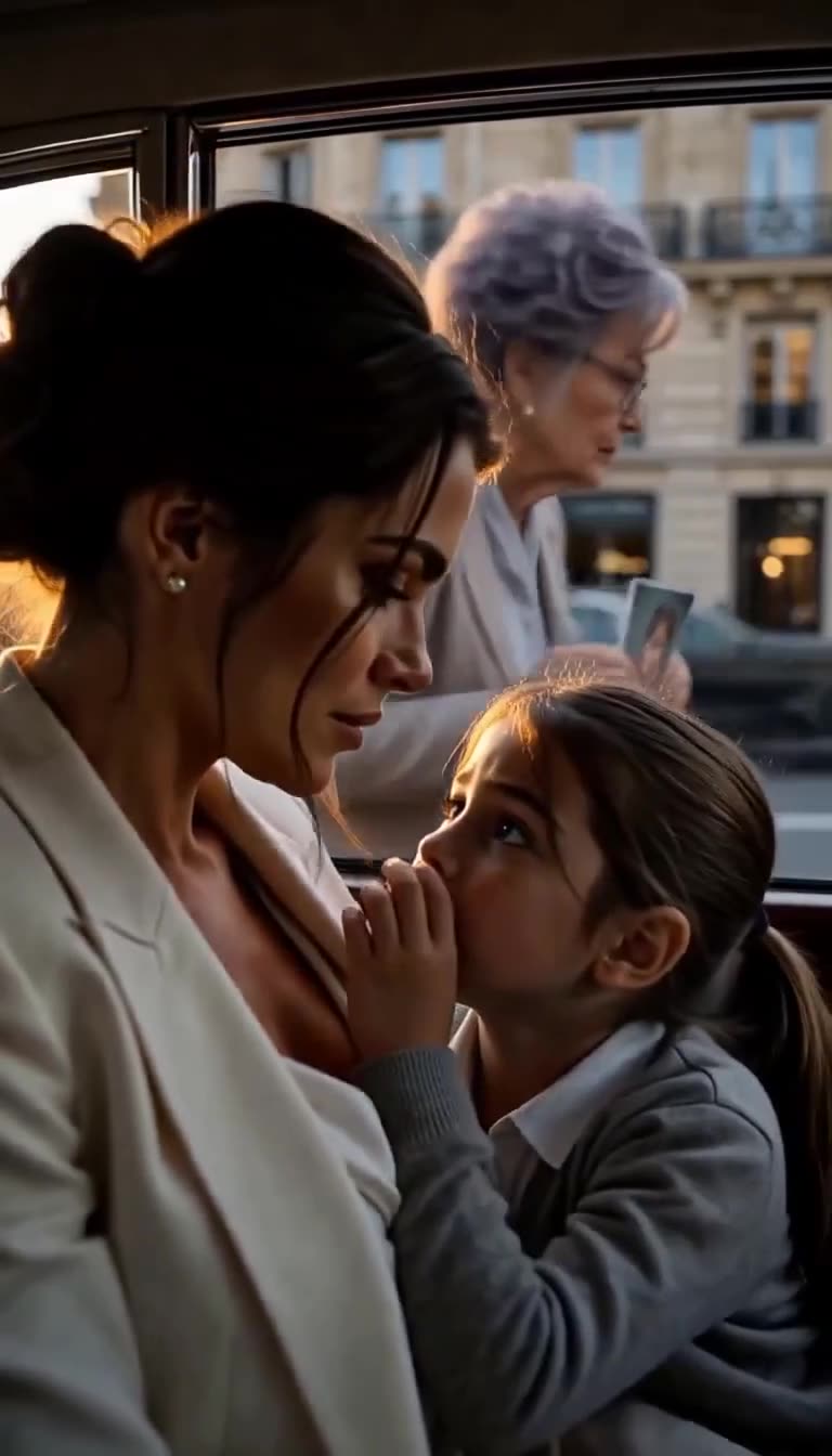 The rescued young girl whispers a terrifying secret into the woman's ear as the elderly pursuer walks away in the background.