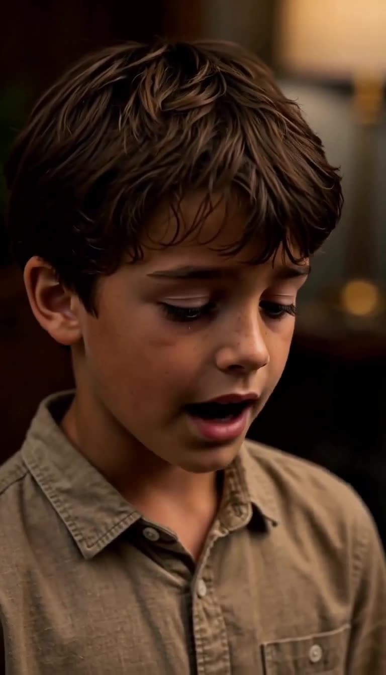 Emotional boy speaking earnestly with tears in his eyes