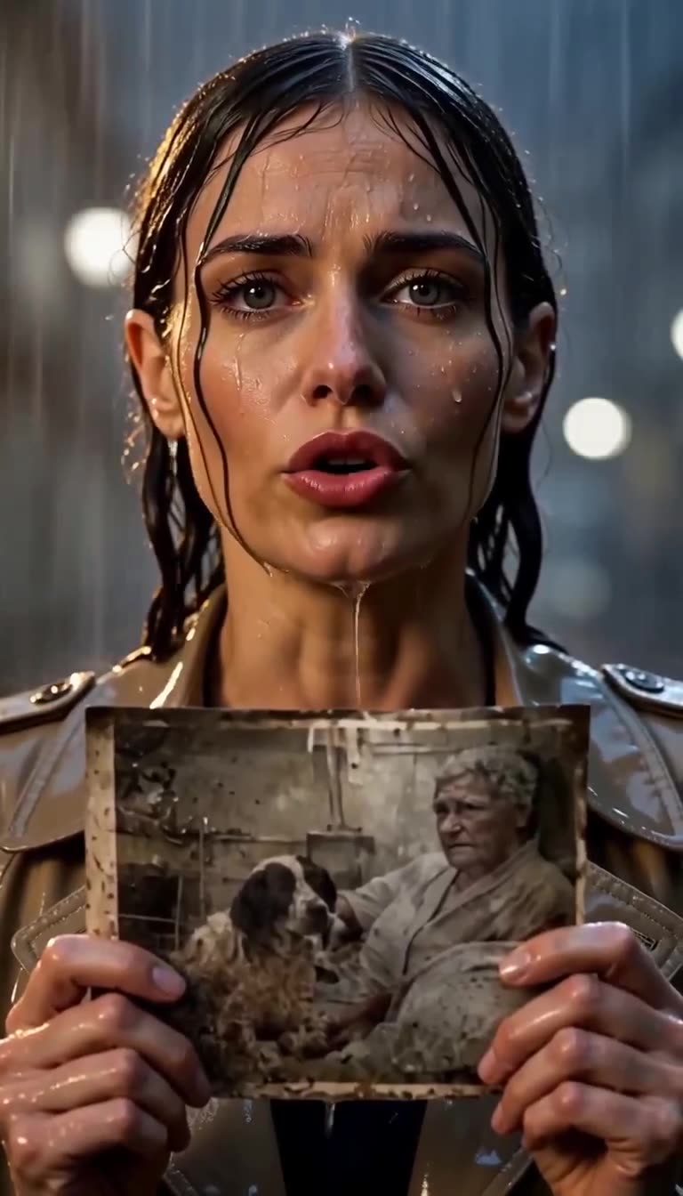 A tearful woman stands in the pouring rain holding up an old photograph of an elderly man with the dog.