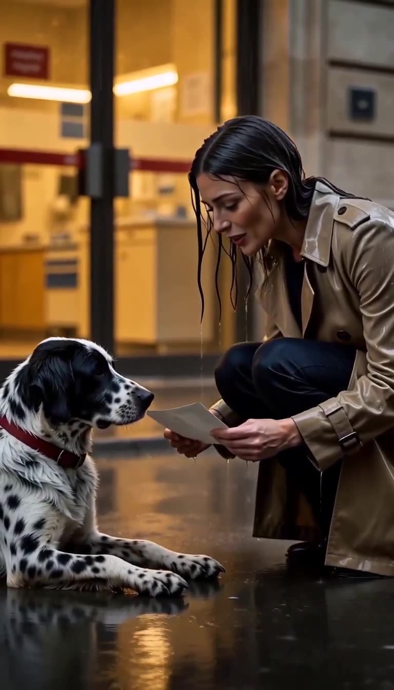 The woman kneels on the wet pavement to show the photograph to the waiting dog outside the clinic.