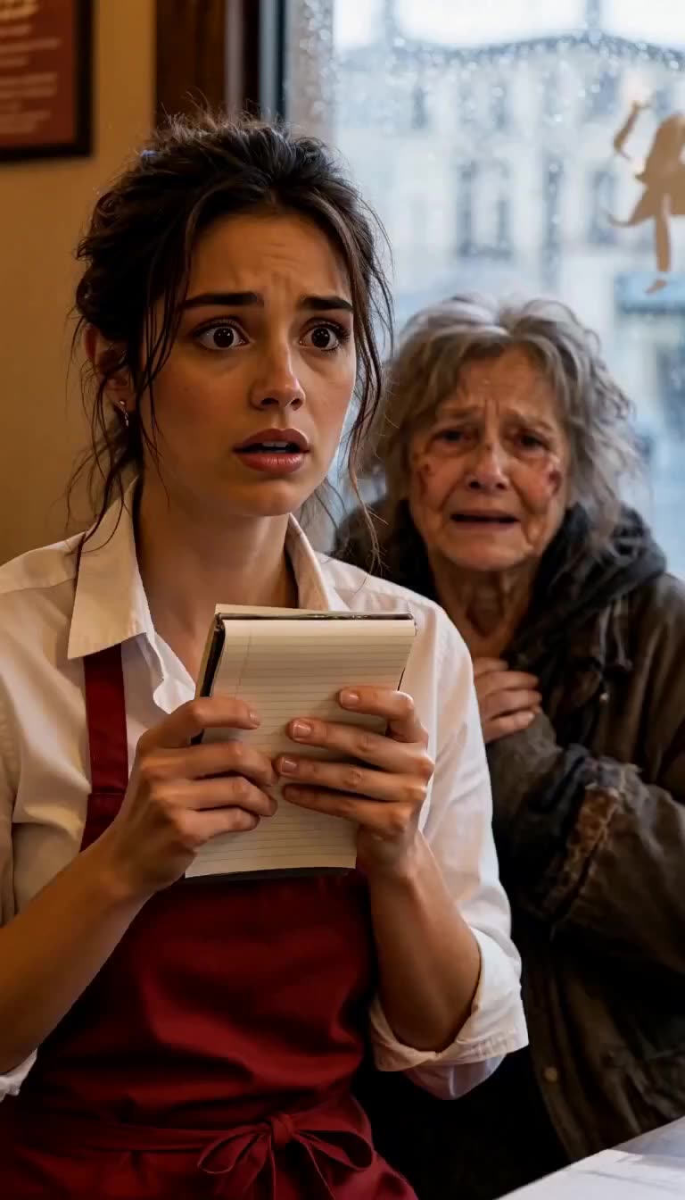 The young waitress looks shocked and alarmed while the elderly woman shrinks in terror behind her