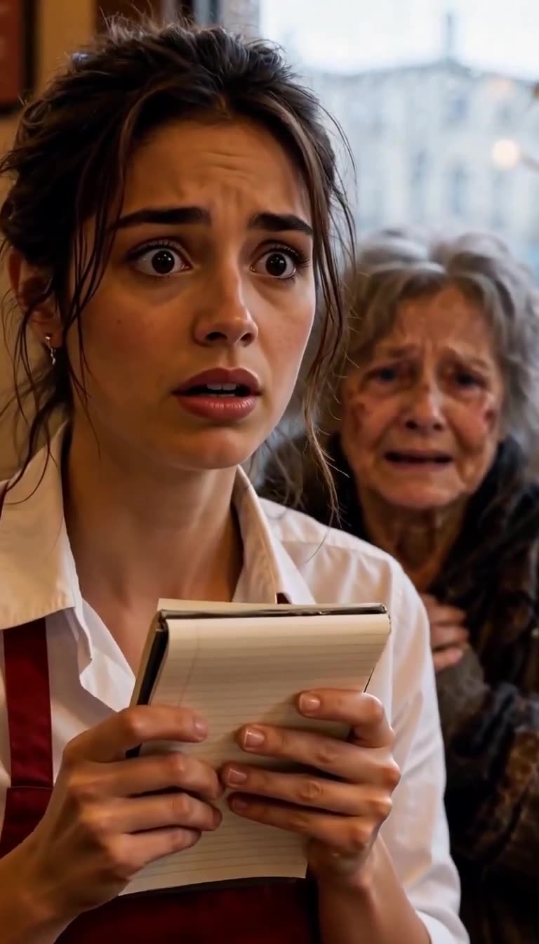 Close-up of the waitress looking terrified with wide eyes as the frightened woman cowers in the background