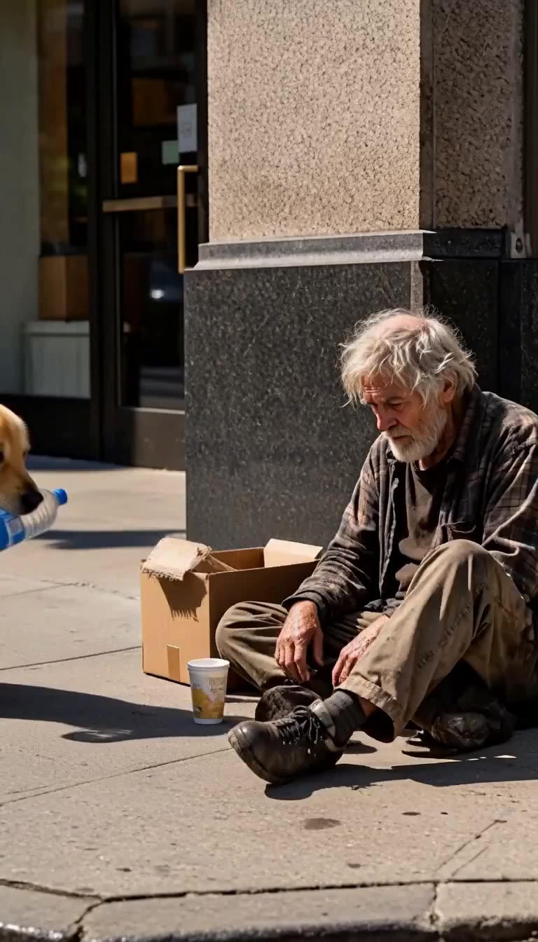 A dog offers a water bottle to an elderly homeless man sitting on the city sidewalk