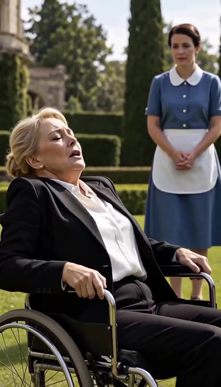Eleanor leaning back in distress in her wheelchair with a maid standing behind her