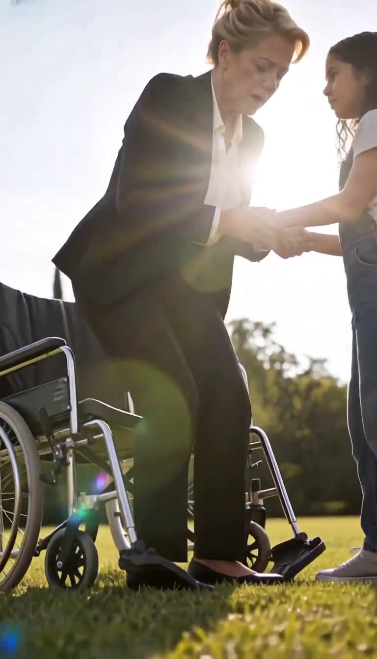 Eleanor miraculously standing up from her wheelchair holding onto the young girl's hands