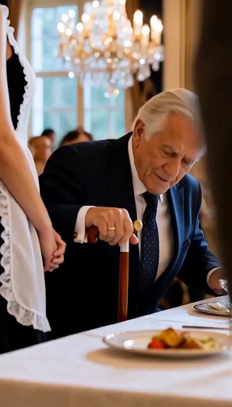 The elderly patriarch leans down toward the table to inspect a surprising item presented by the maid