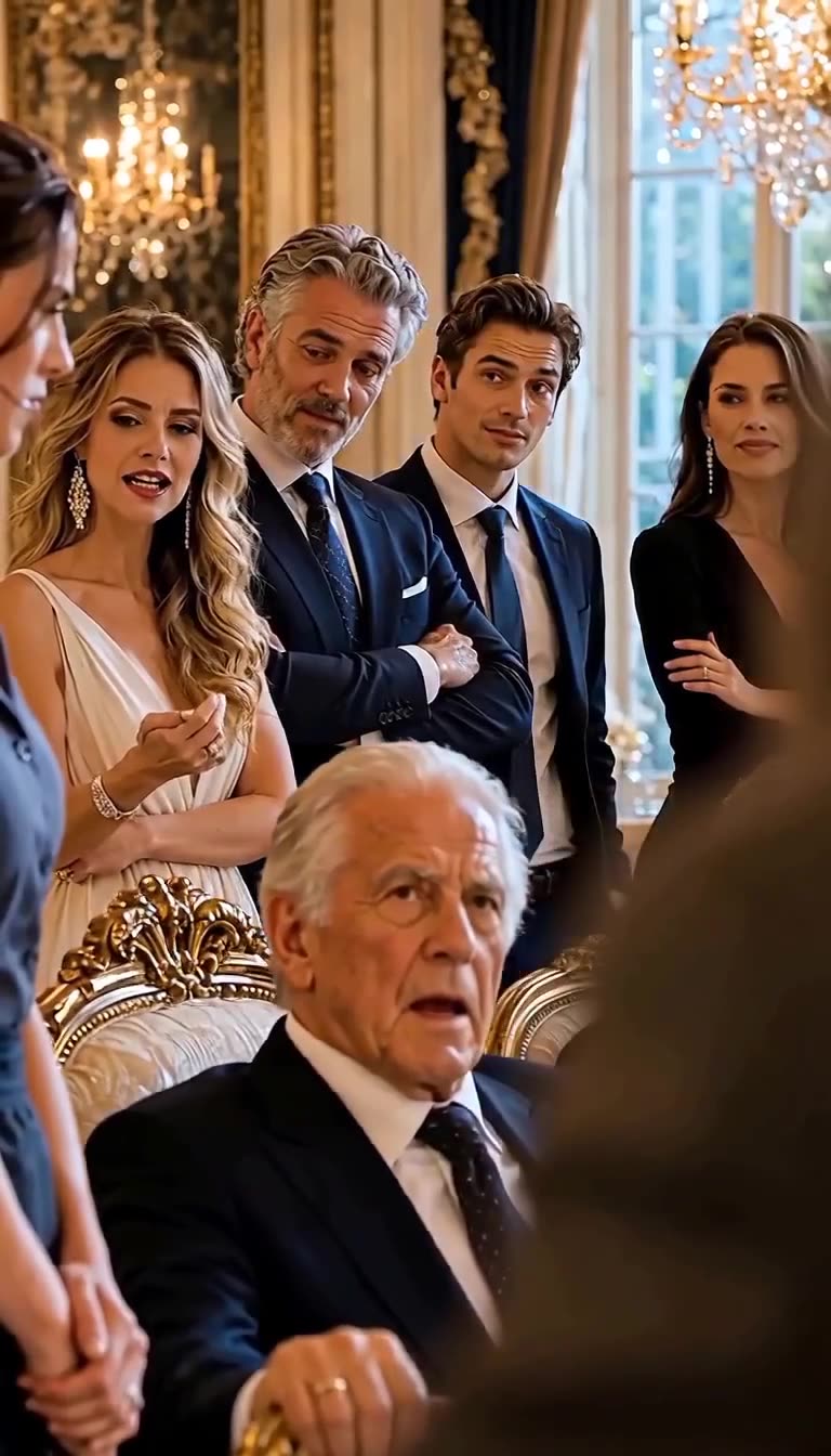 Shock takes over the patriarch's face as the wealthy family members behind him look stunned