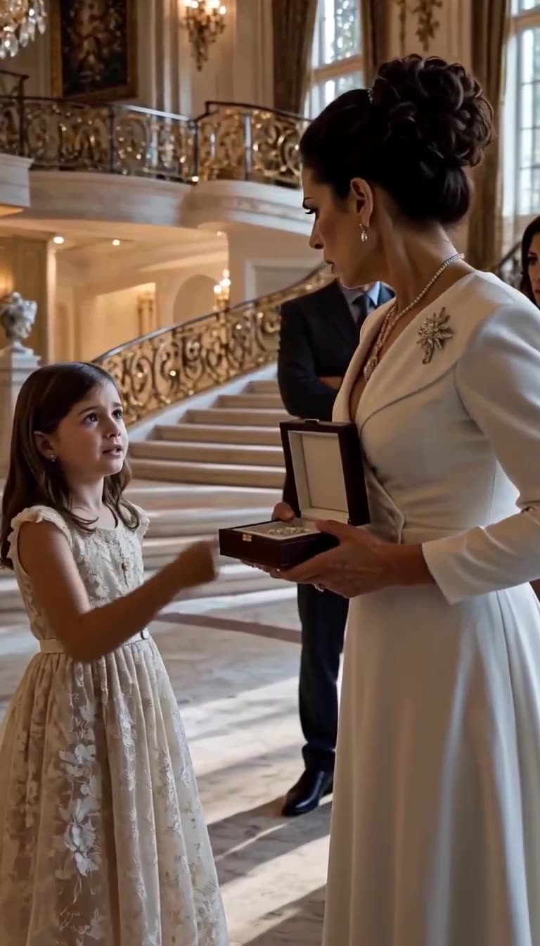 A young girl steps up to the woman in white and points at the jewelry box