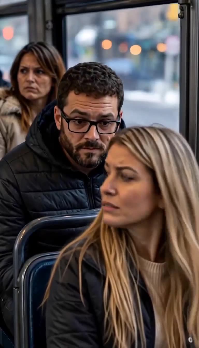 Concerned passengers exchanging glances on the bus as tension builds