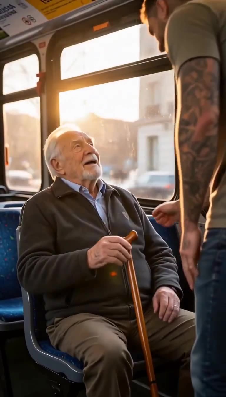 Smiling elderly man seated by the sunlit window thanking a standing tattooed young man