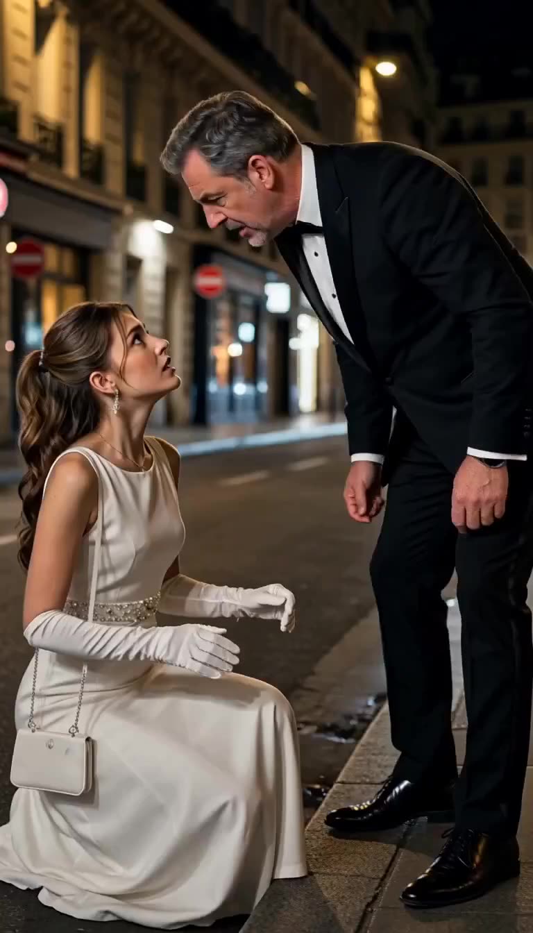 A man in a tuxedo sternly leaning down to scold a woman in a white gown kneeling on the street.