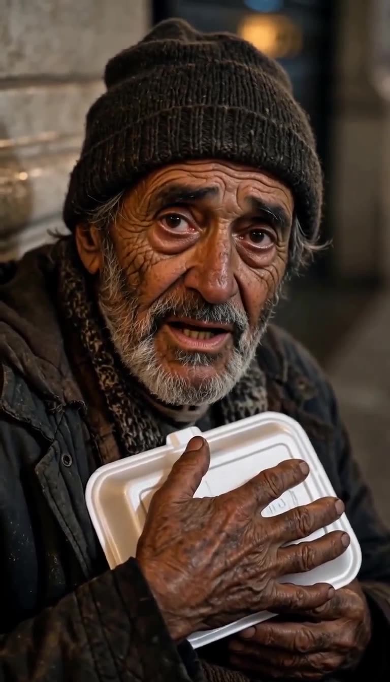 A weathered elderly homeless man looking up with emotional eyes while holding a food container.