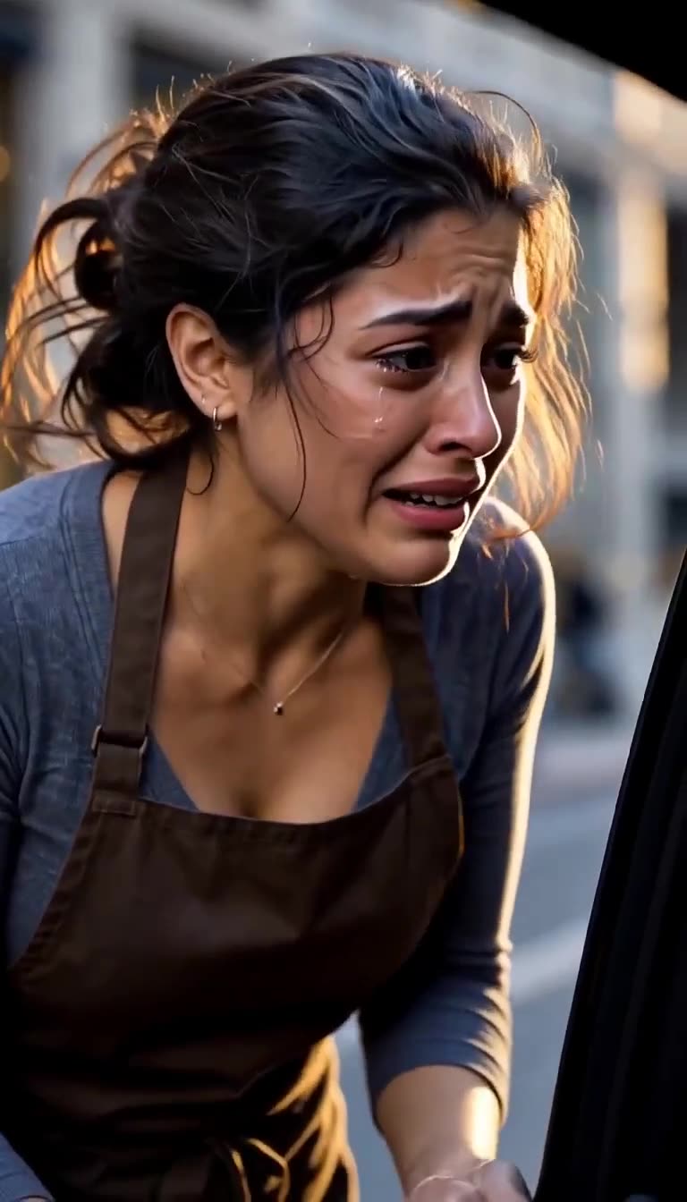 A close-up of the young waitress crying emotional tears beside the car window.
