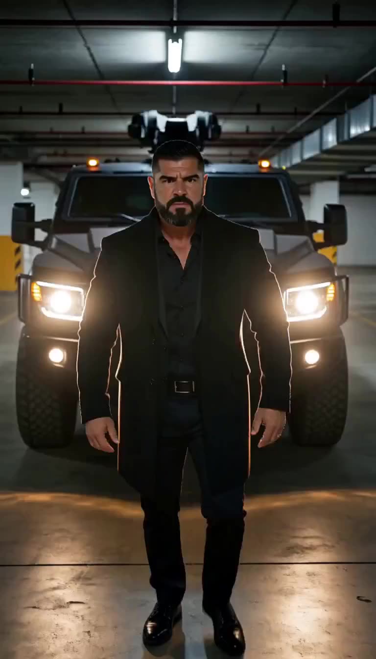 A formidable, dark-coated man steps out in front of a massive armored truck with glowing headlights.