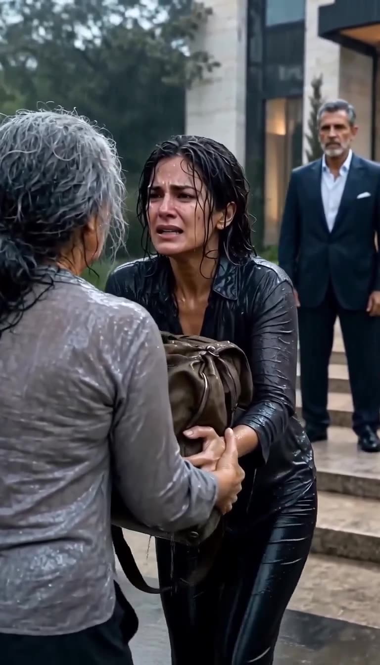 Close up of the daughter weeping desperately while clutching the mysterious duffel bag outside the mansion