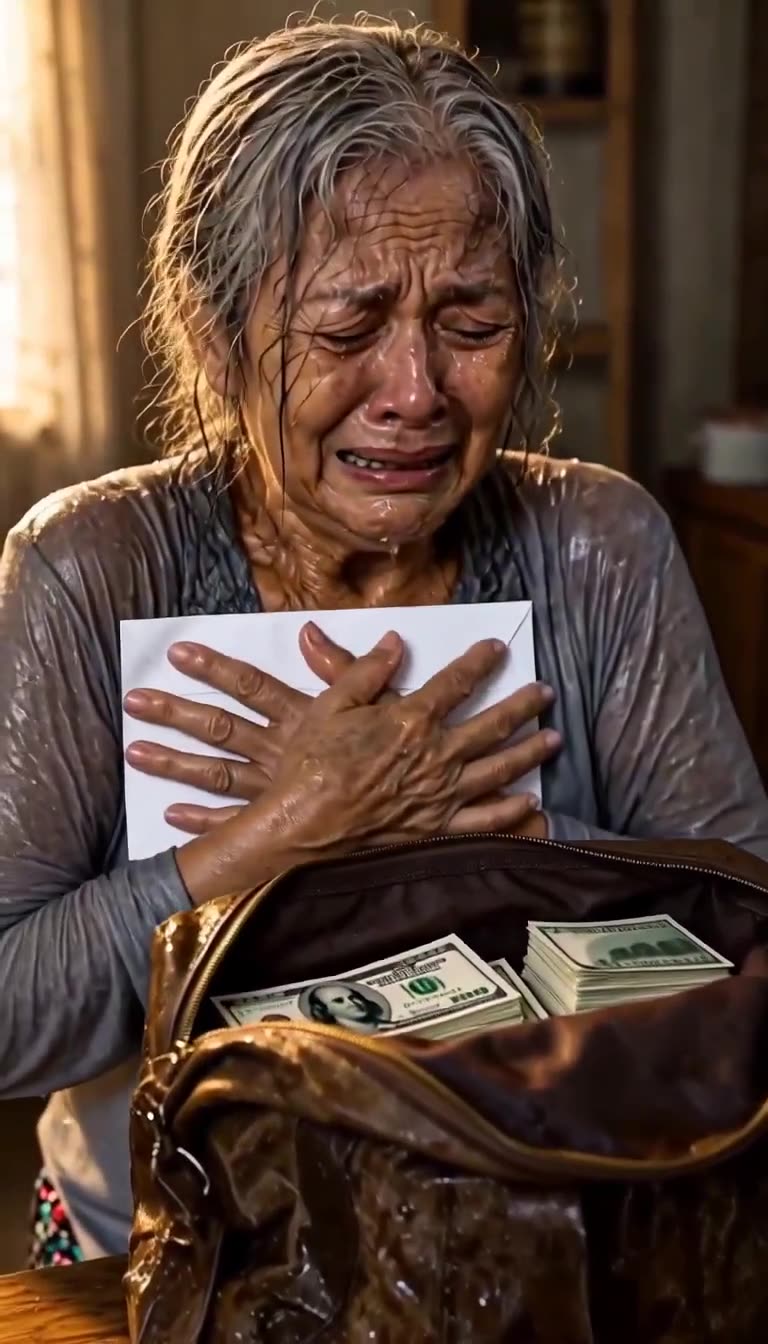 Elderly mother sobbing uncontrollably inside while clutching an envelope over a bag filled with cash