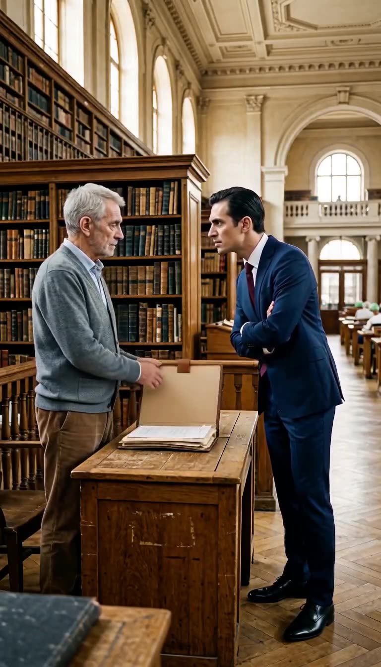 Henri ouvre calmement une chemise en cuir contenant des documents sous le regard stupéfait du directeur.