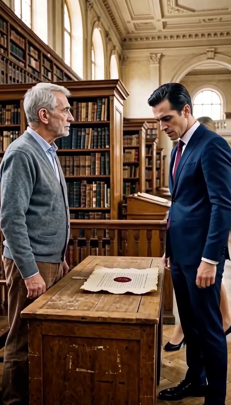 Le directeur observe sous le choc un ancien parchemin marqué d'un sceau rouge sur la table.