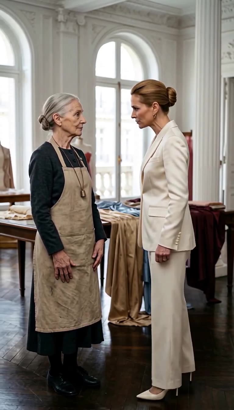 Face-à-face silencieux et tendu entre l'élégante directrice et la couturière vêtue d'un tablier de travail