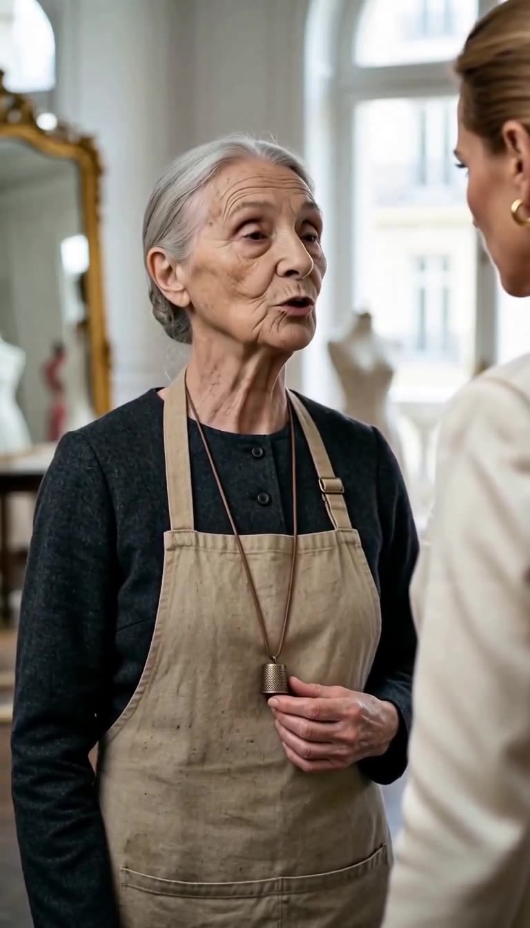 Gros plan sur la couturière âgée tenant son dé en bronze alors qu'elle révèle son secret historique