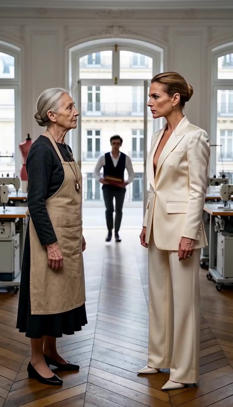 Un jeune archiviste s'avance dans l'allée centrale de l'atelier entre les deux femmes figées.