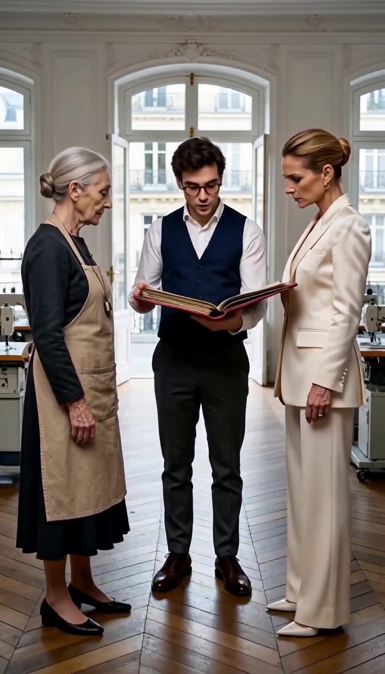 L'archiviste ouvre le registre en cuir rouge entre la directrice stupéfaite et la couturière sereine.