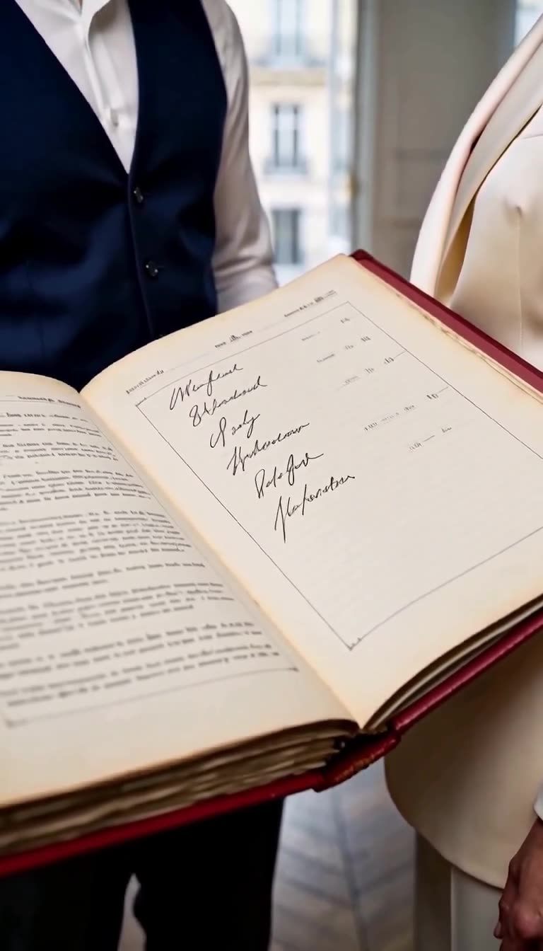 Gros plan sur les paraphes manuscrits du document d'archives scellant la propriété des créations.