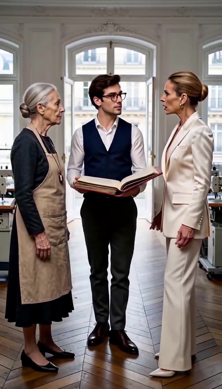 Le greffier intervient au milieu du salon entre l'humble couturière et la dirigeante médusée.