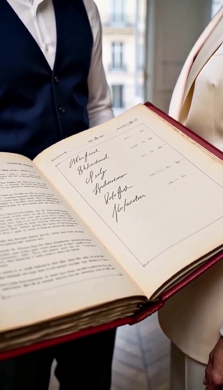 Le vieux registre ouvert dévoilant les signatures et documents officiels.