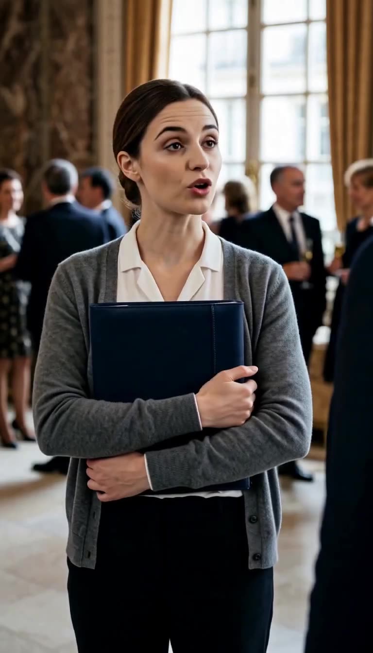 La jeune femme vêtue d'un cardigan gris réplique avec calme en tenant son dossier bleu.